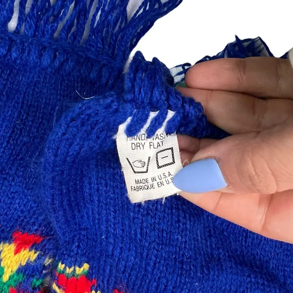 OshKosh VTG 80s Instaria Logo Fringe Winter Scarf Blue Red 5.5x52 Youth OS